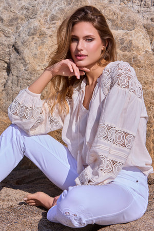 Blouse with Lace Detail on Sleeve - Seashell