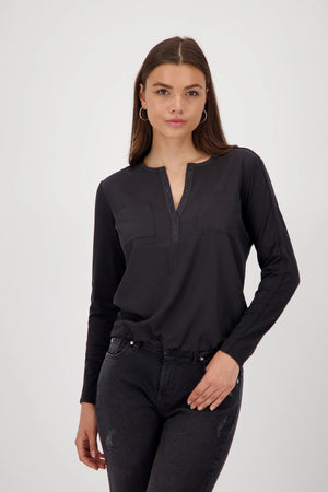 Satin Front Drawstring Blouse - Black