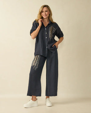 Linen Trousers with Embellishment - Navy
