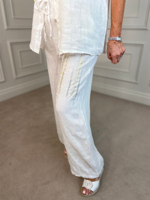 Linen Trousers with Embellishment - White