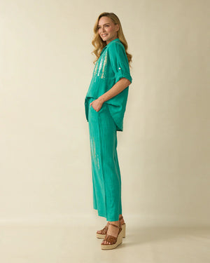 Linen Trousers with Embellishment - Aqua