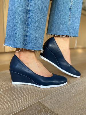 Leather Wedge Shoe - Navy