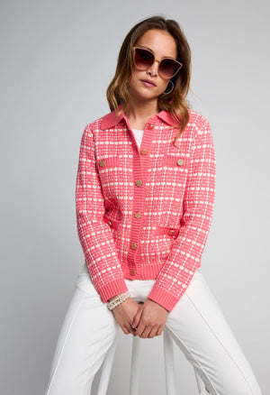 Knit Check Cardigan - Coral