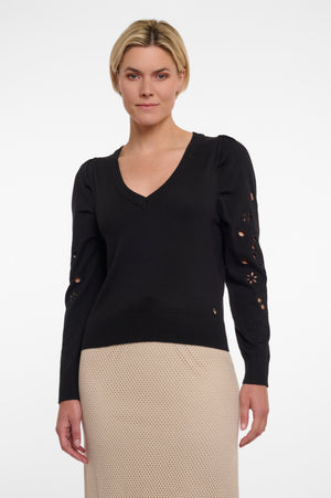 V-Neck Sweater with Embroidery - Black
