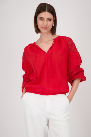 Blouse with Lace Detail on Sleeve - Red